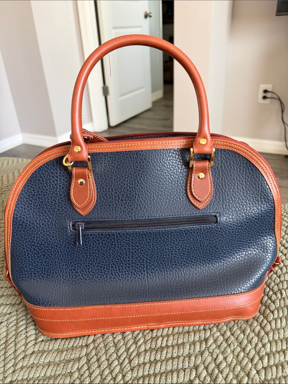 Dooney & Bourke Navy and Brown Pebbled Leather Satchel - Picture 2 of 10